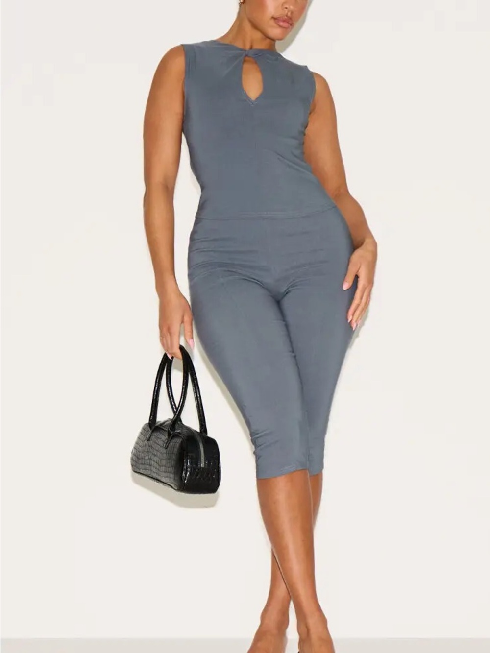 SHAPE CHARCOAL STRETCH WOVEN TWIST NECK DETAIL KEYHOLE TOP CO-ORD